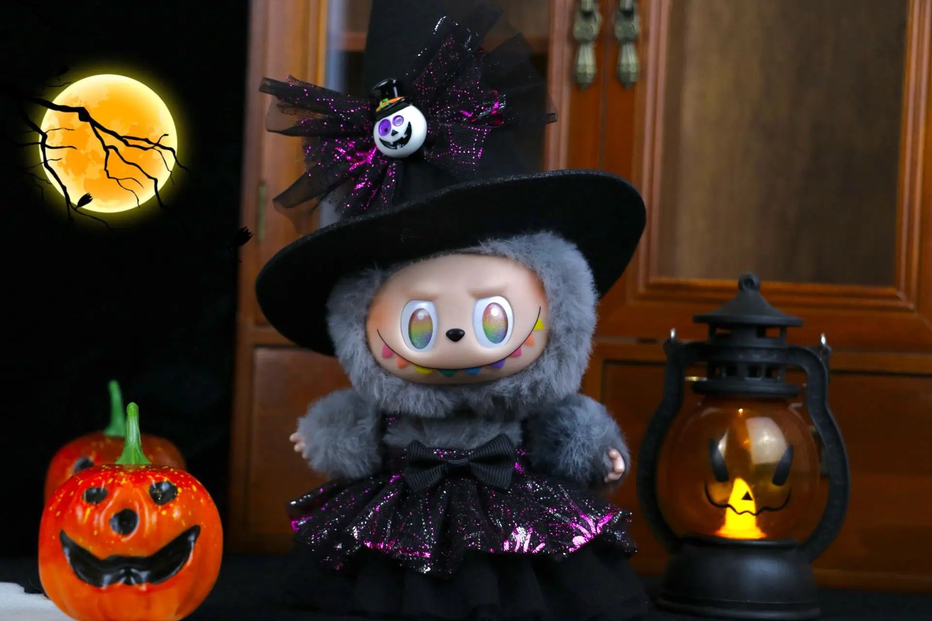 Cute Halloween Costume Witch Pumpkin Skirt Clothes for Labubu I II with Halloween Spider Pumpkin Hat Suit for Ladbubu Dolls