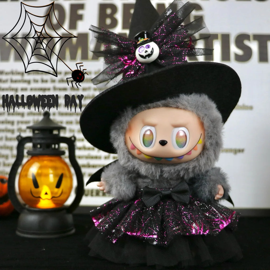 Cute Halloween Costume Witch Pumpkin Skirt Clothes for Labubu I II with Halloween Spider Pumpkin Hat Suit for Ladbubu Dolls