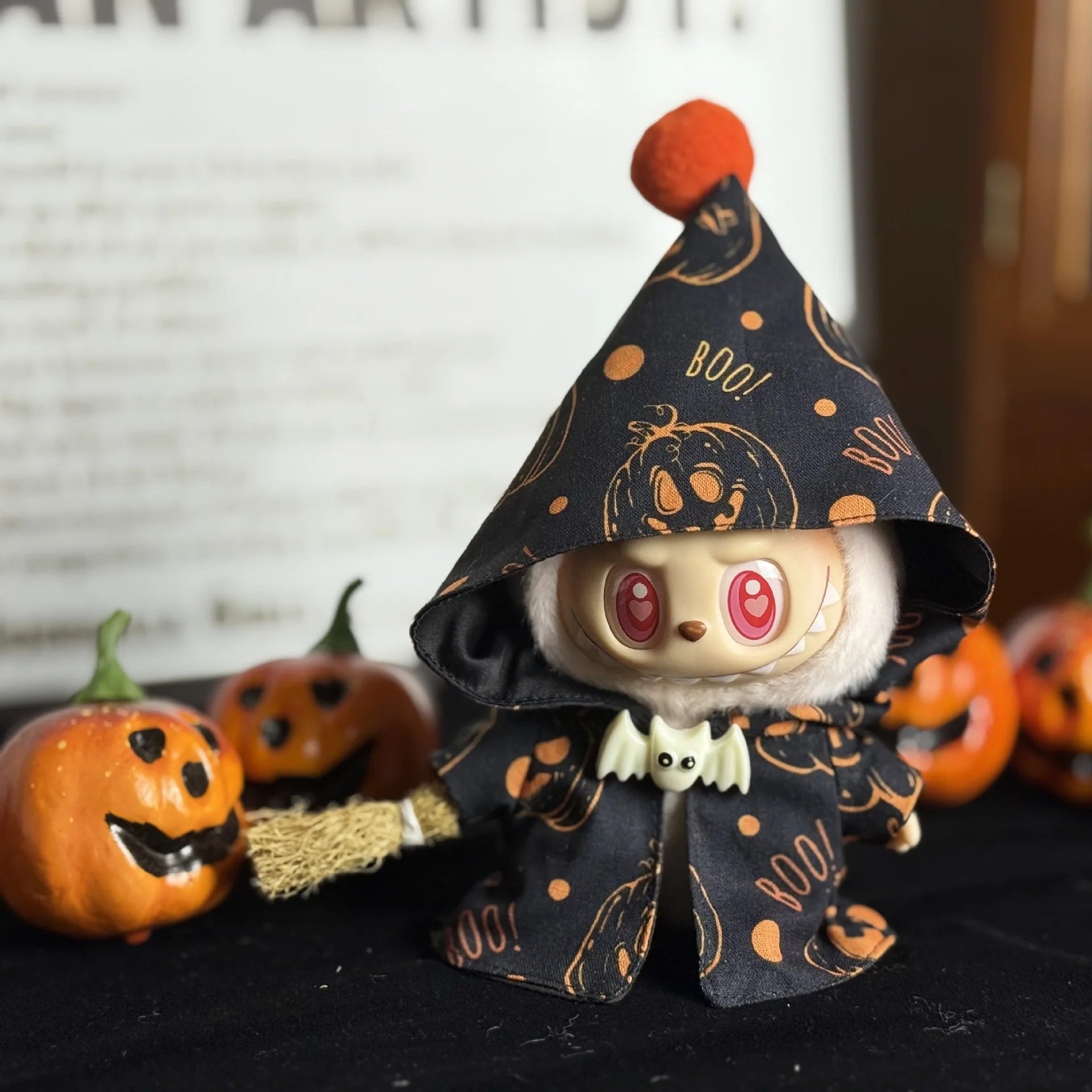 Halloween Atmosphere Pumpkin Cape for Labubu Cute Magic Broom Cloak Set Bat Decorative Button for 17cm Ladbubu Dolls Accessories