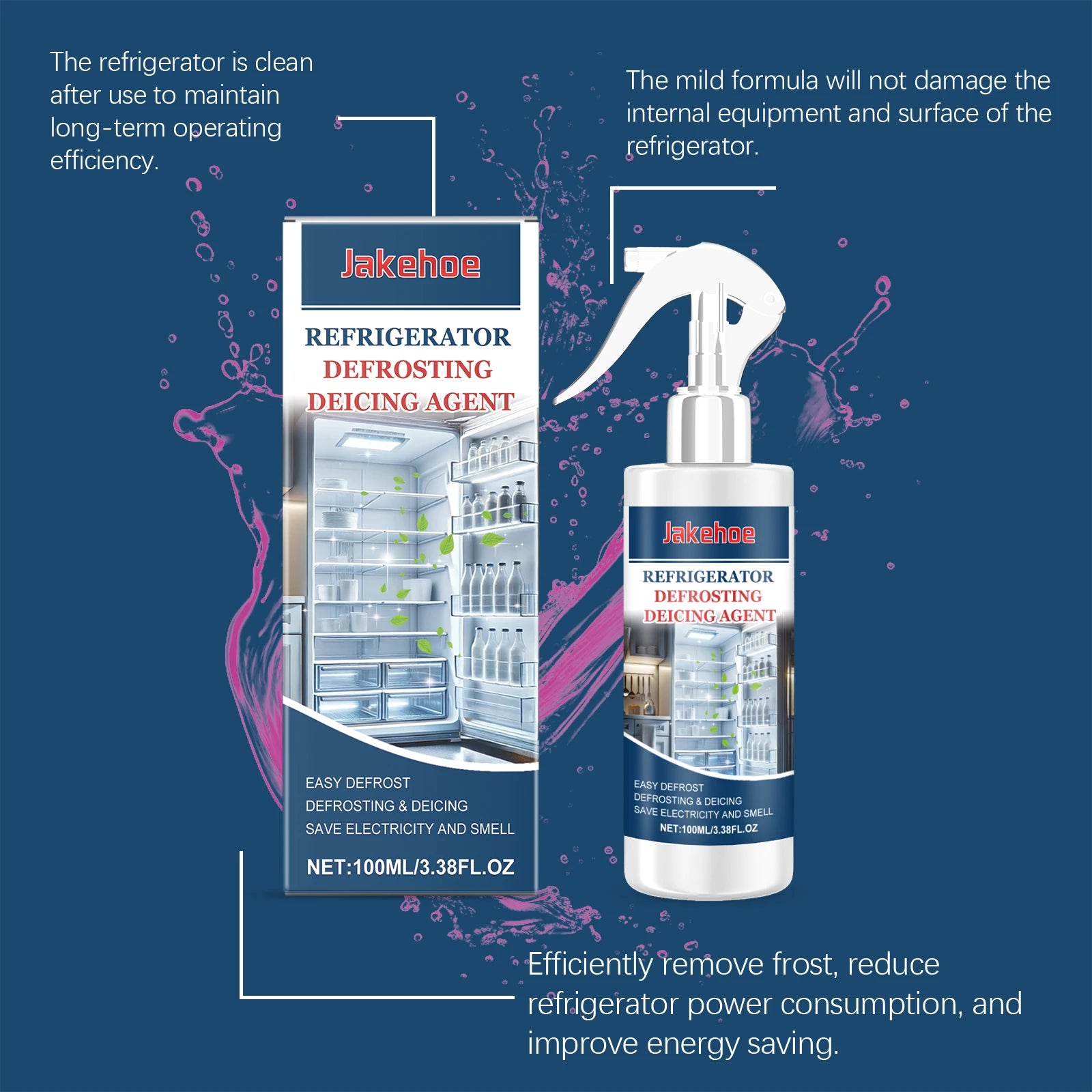 Jakehoe Refrigerator Deicing Agent  Quick Dissolve Frost Non Damaged Improve Energy Saving Safe Formula Fridge Defrosting Agent