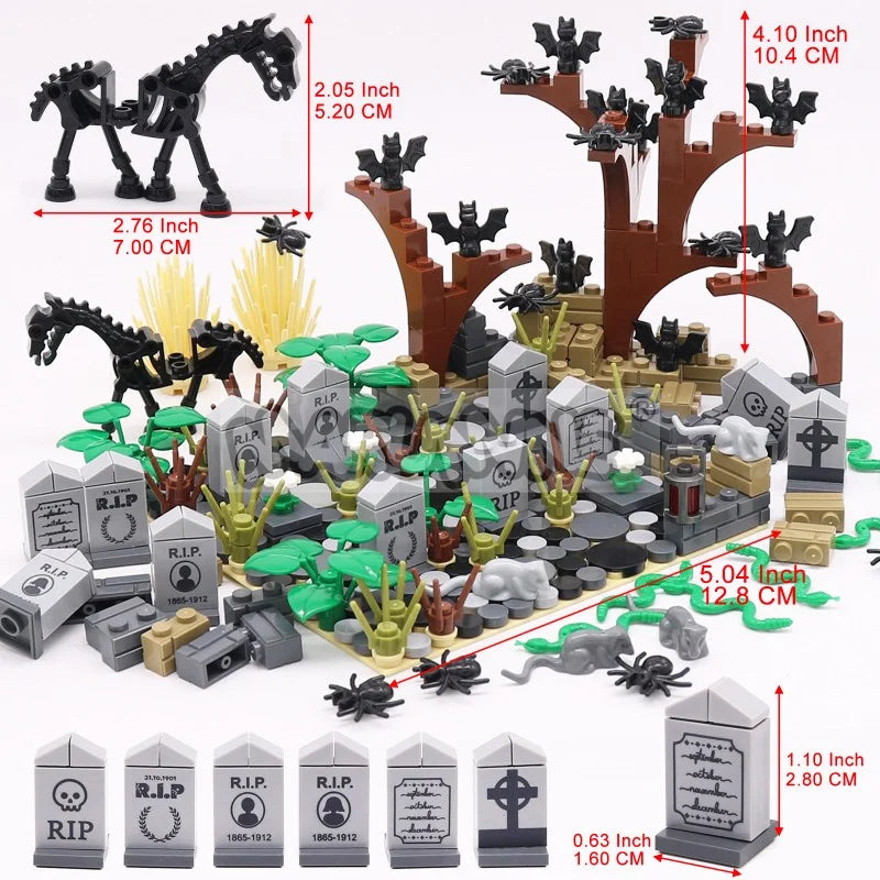 MARUMINE Halloween Building Blocks Set 99-265pcs Graveyard Grave Tombstone Construction Decoration Bricks with Bat Spider Snake