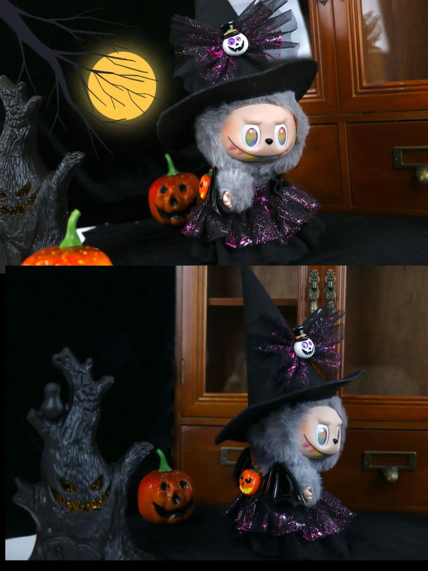 Cute Halloween Costume Witch Pumpkin Skirt Clothes for Labubu I II with Halloween Spider Pumpkin Hat Suit for Ladbubu Dolls
