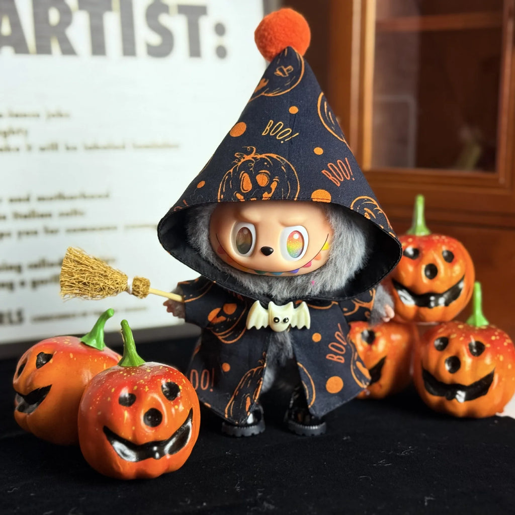 Halloween Atmosphere Pumpkin Cape for Labubu Cute Magic Broom Cloak Set Bat Decorative Button for 17cm Ladbubu Dolls Accessories