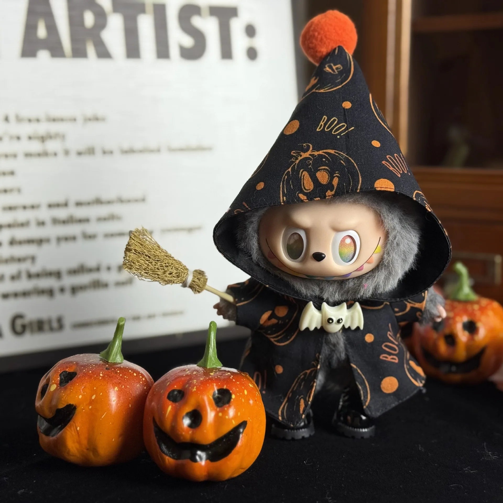 Halloween Atmosphere Pumpkin Cape for Labubu Cute Magic Broom Cloak Set Bat Decorative Button for 17cm Ladbubu Dolls Accessories