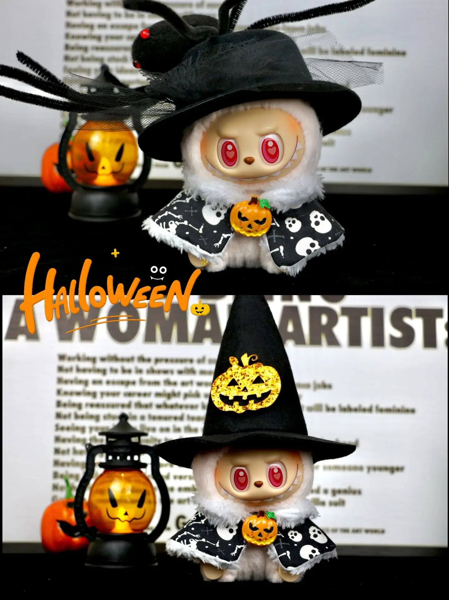 Cute Halloween Costume Witch Pumpkin Skirt Clothes for Labubu I II with Halloween Spider Pumpkin Hat Suit for Ladbubu Dolls