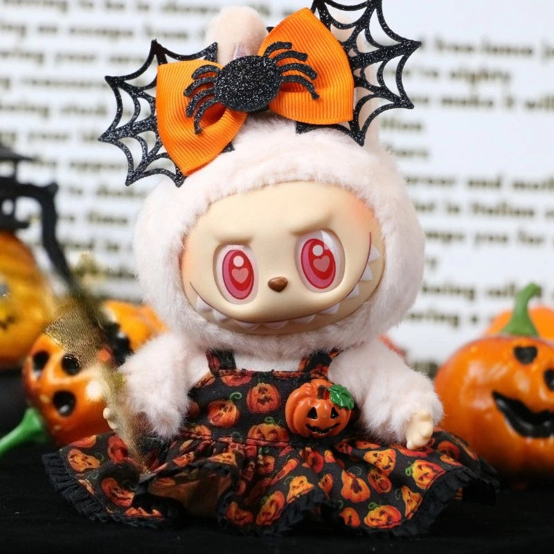 Cute Halloween Costume Witch Pumpkin Skirt Clothes for Labubu I II with Halloween Spider Pumpkin Hat Suit for Ladbubu Dolls