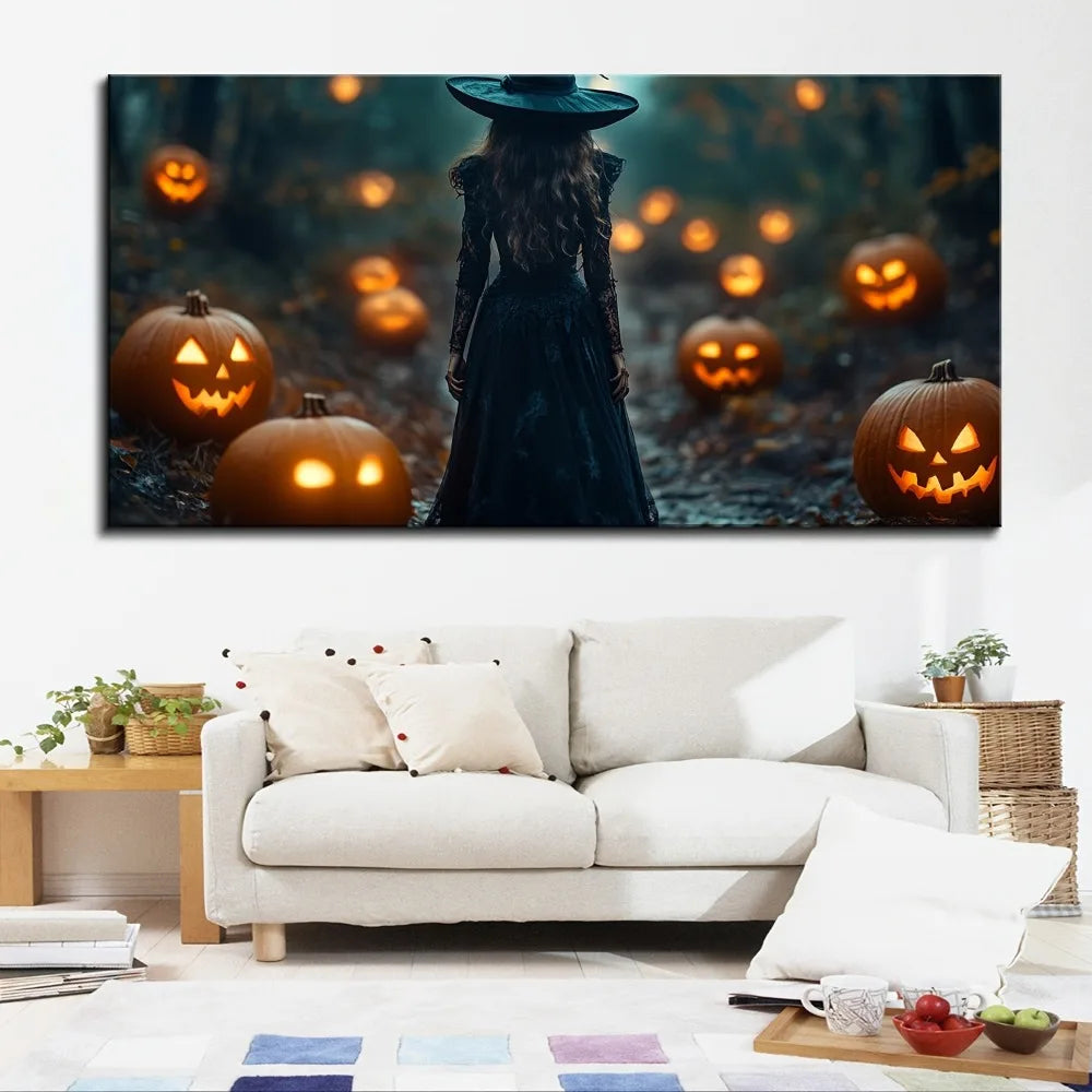 1.5 inch thick pine solid wood frame, Halloween horror pumpkin, Forest Witch abstract decorative painting, art mural,