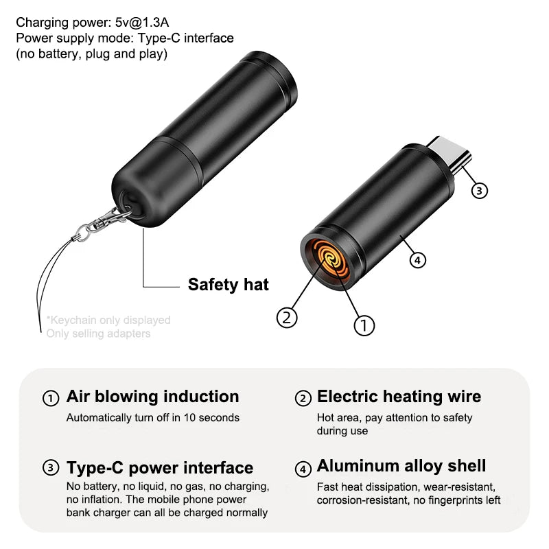 Type C Mini Blow-to-Ignite Auto Shut-Off For Air Travel Outdoor No Battery No Flame Portable Safety Adapter