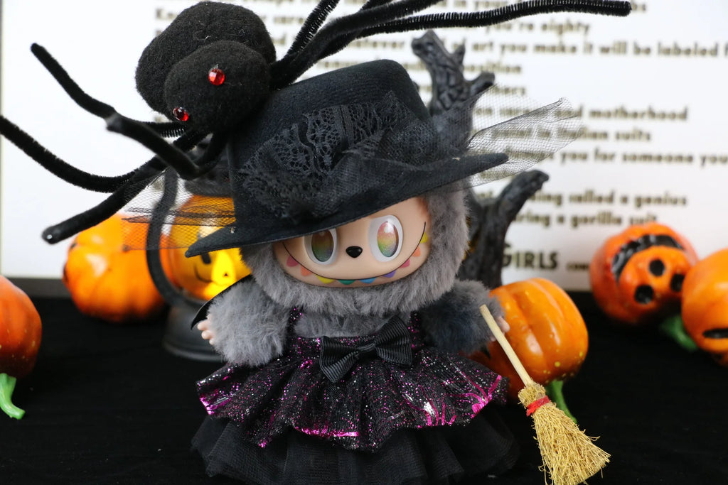 Cute Halloween Costume Witch Pumpkin Skirt Clothes for Labubu I II with Halloween Spider Pumpkin Hat Suit for Ladbubu Dolls