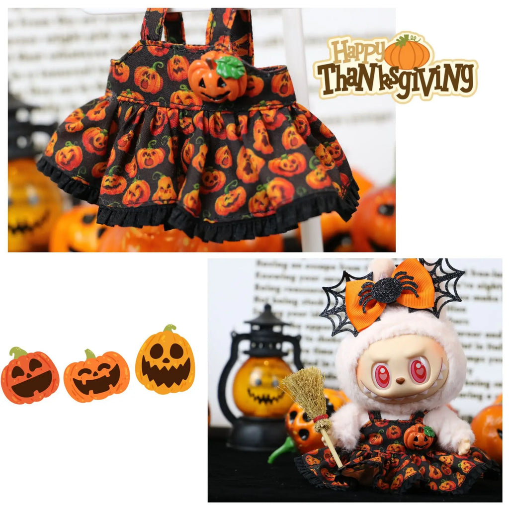 Cute Halloween Costume Witch Pumpkin Skirt Clothes for Labubu I II with Halloween Spider Pumpkin Hat Suit for Ladbubu Dolls