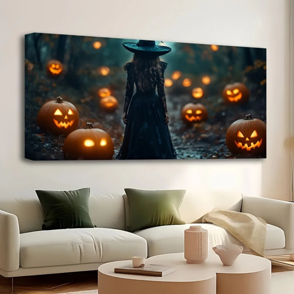 1.5 inch thick pine solid wood frame, Halloween horror pumpkin, Forest Witch abstract decorative painting, art mural,