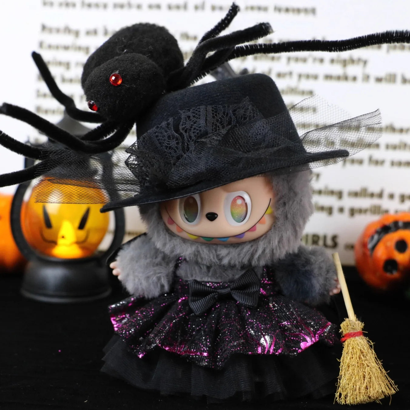 Cute Halloween Costume Witch Pumpkin Skirt Clothes for Labubu I II with Halloween Spider Pumpkin Hat Suit for Ladbubu Dolls