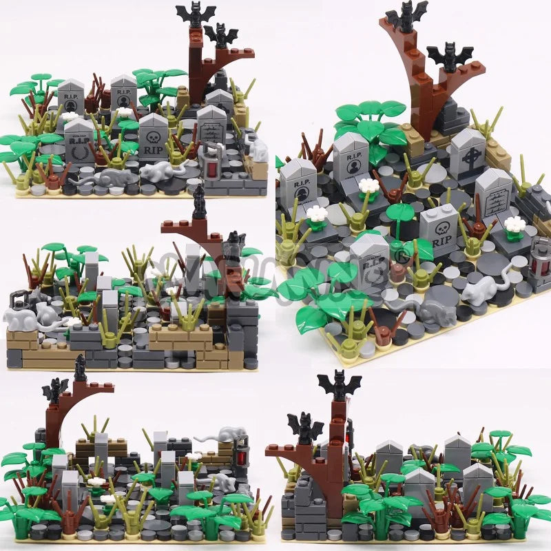 MARUMINE Halloween Building Blocks Set 99-265pcs Graveyard Grave Tombstone Construction Decoration Bricks with Bat Spider Snake