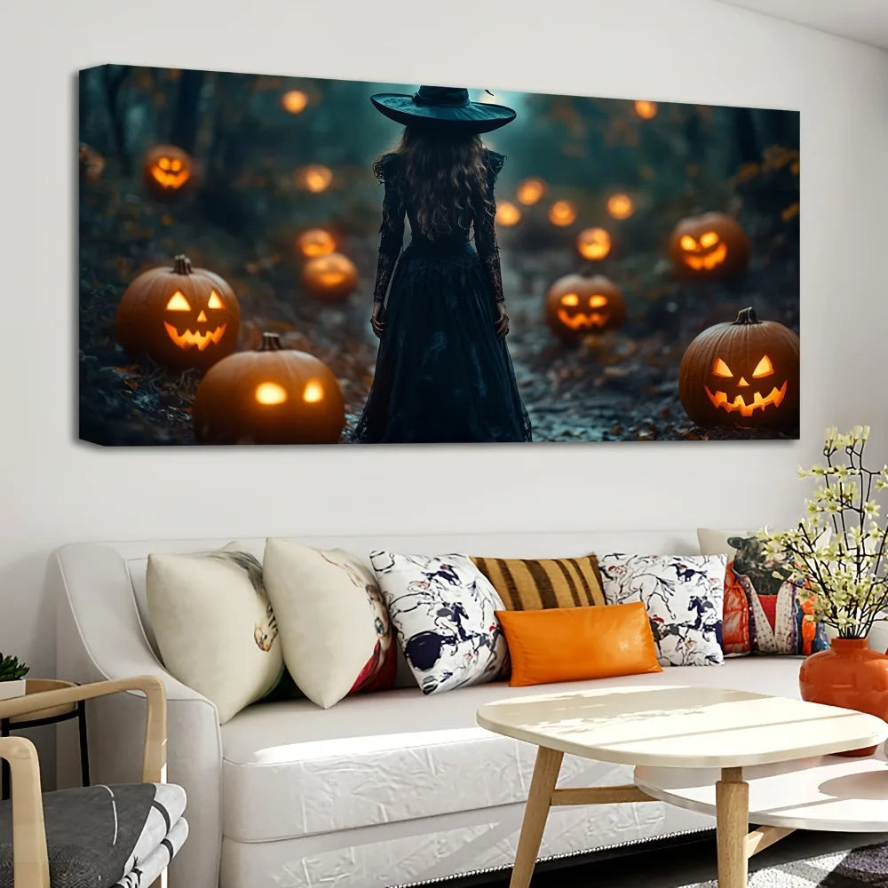 1.5 inch thick pine solid wood frame, Halloween horror pumpkin, Forest Witch abstract decorative painting, art mural,