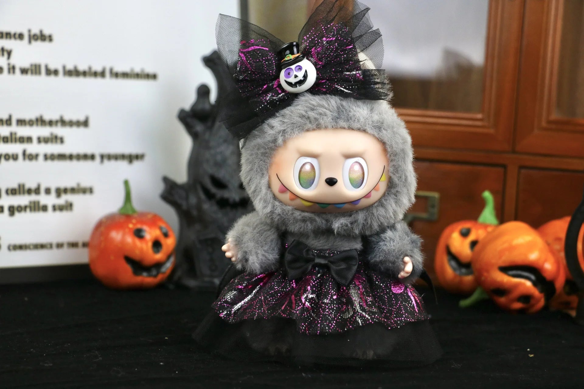 Halloween Atmosphere Pumpkin Cape for Labubu Cute Magic Broom Cloak Set Bat Decorative Button for 17cm Ladbubu Dolls Accessories