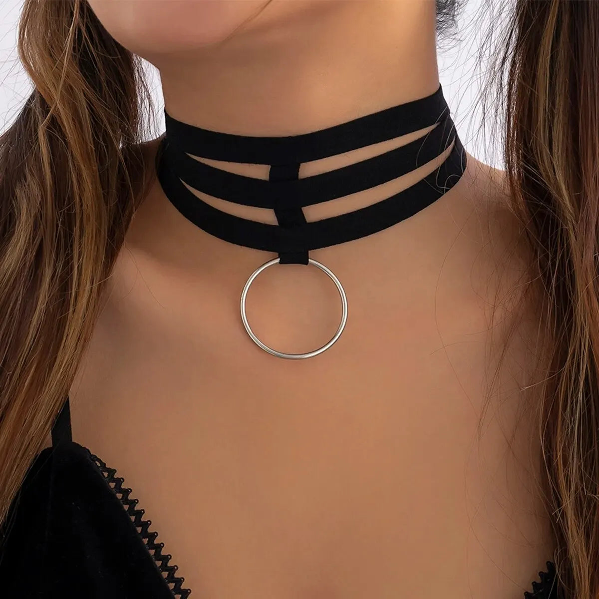Gothic Black Elastic Band Short Chain Necklace for Women Collar Vintage Big Circle Pendant Choker Halloween Accessories Jewelry