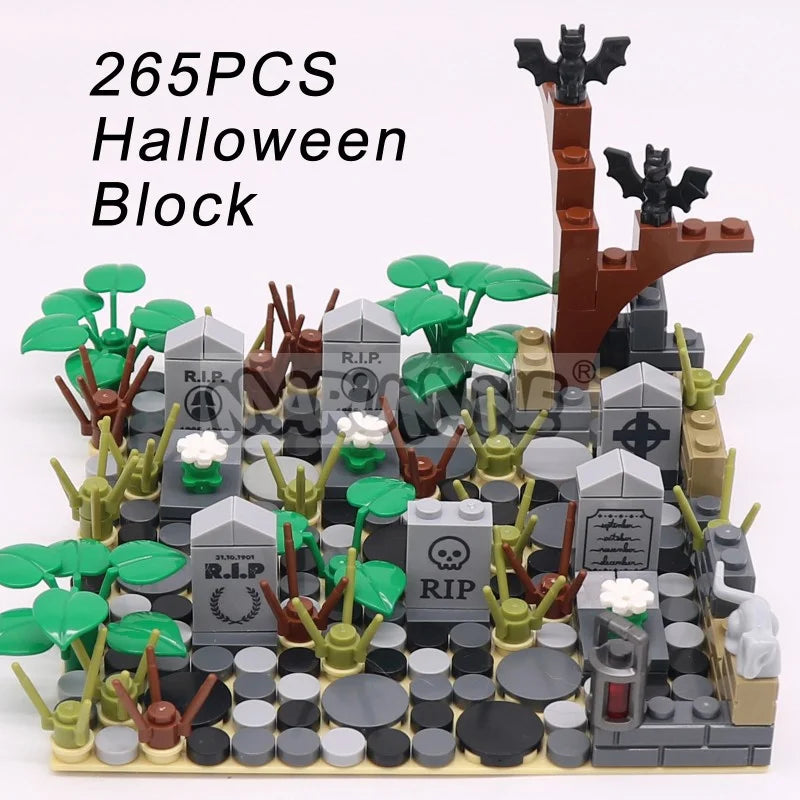 MARUMINE Halloween Building Blocks Set 99-265pcs Graveyard Grave Tombstone Construction Decoration Bricks with Bat Spider Snake