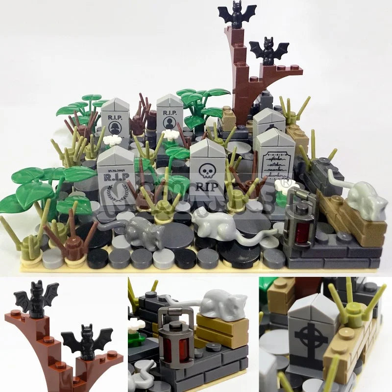 MARUMINE Halloween Building Blocks Set 99-265pcs Graveyard Grave Tombstone Construction Decoration Bricks with Bat Spider Snake