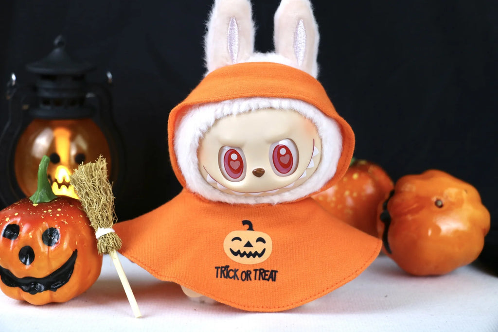 Halloween Atmosphere Pumpkin Cape for Labubu Cute Magic Broom Cloak Set Bat Decorative Button for 17cm Ladbubu Dolls Accessories