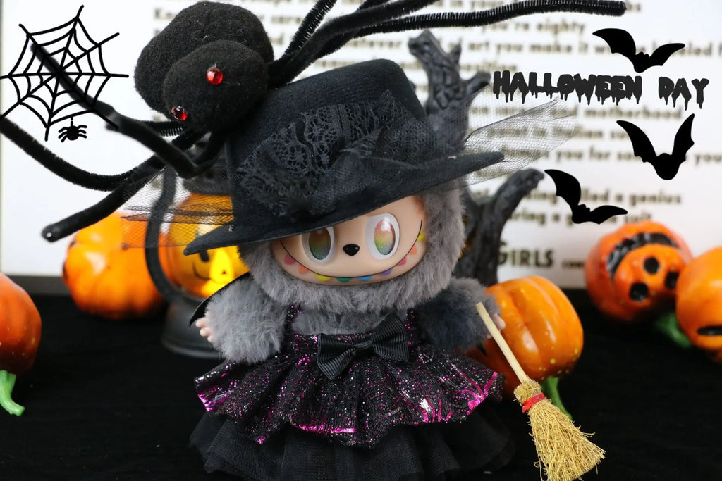 Cute Halloween Costume Witch Pumpkin Skirt Clothes for Labubu I II with Halloween Spider Pumpkin Hat Suit for Ladbubu Dolls